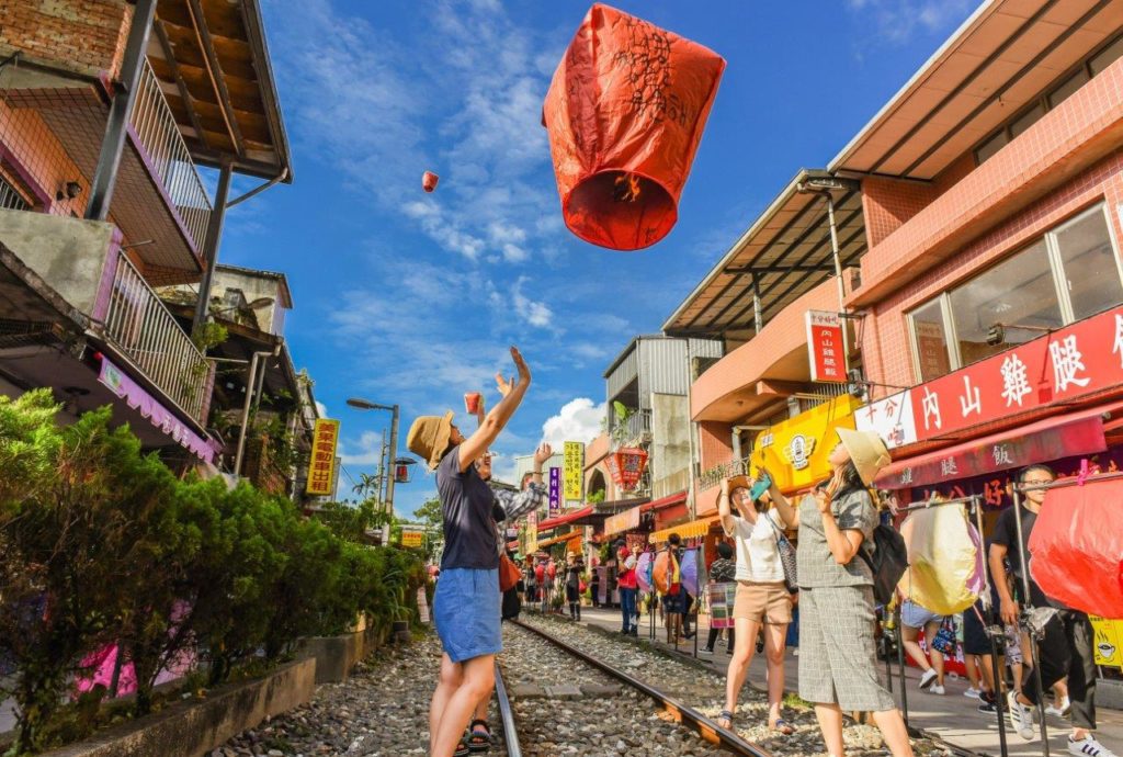 New Taipei Taiwan July 8 2017 Tourists Launching Sky Lantern Along Railway Next to Shifen Train Station of Pingxi Line Most Beautiful Branch Line in Taiwan Railway System